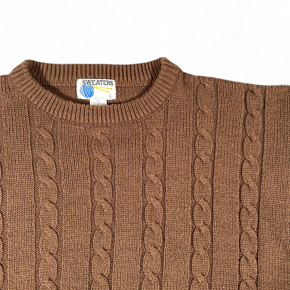 Vintage Kmart Sweater Adult MEDIUM Brown Cable Knit Fisherman Dad Preppy 80s - Picture 2 of 8